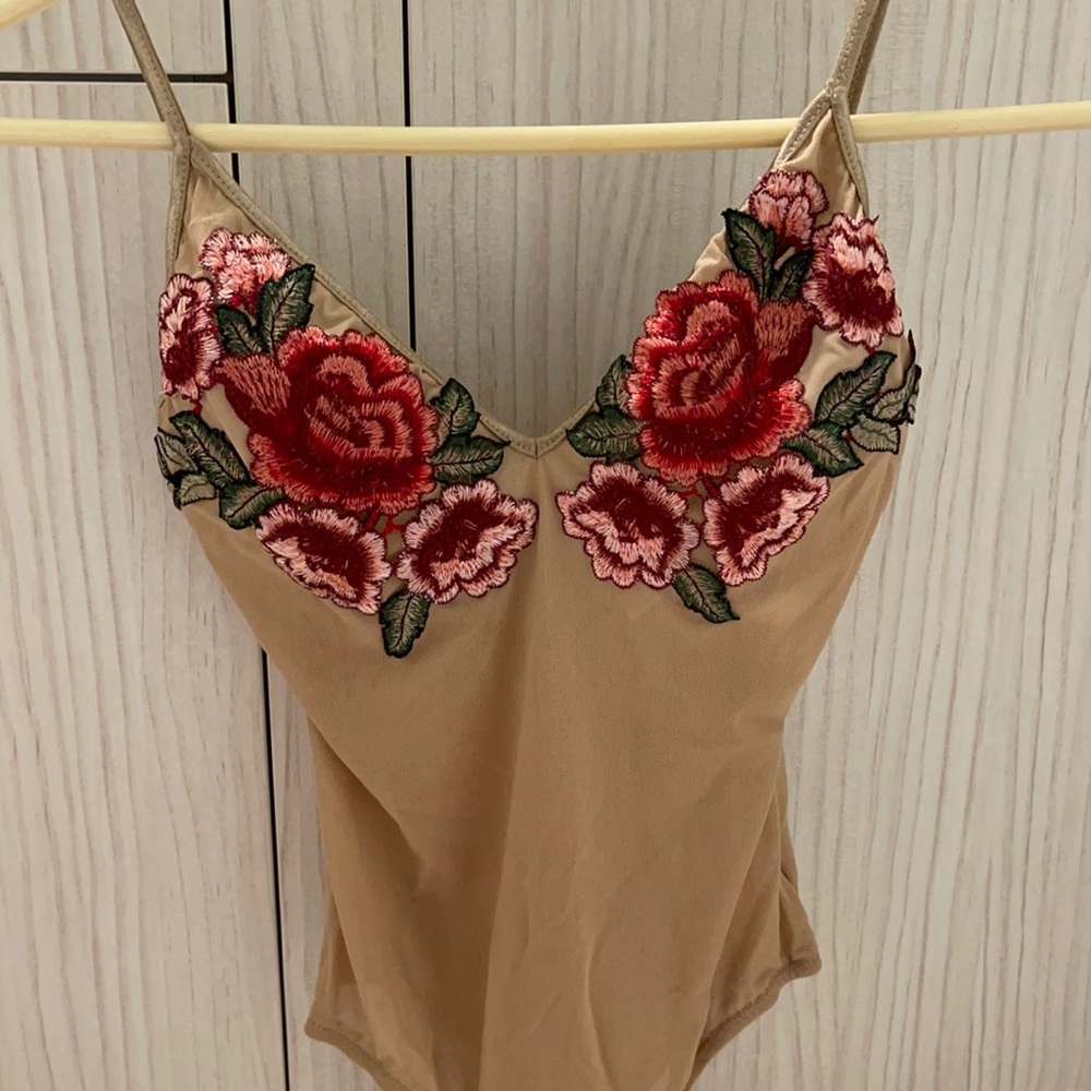 Women’s Nude Mesh Bodysuit with Floral Detailing